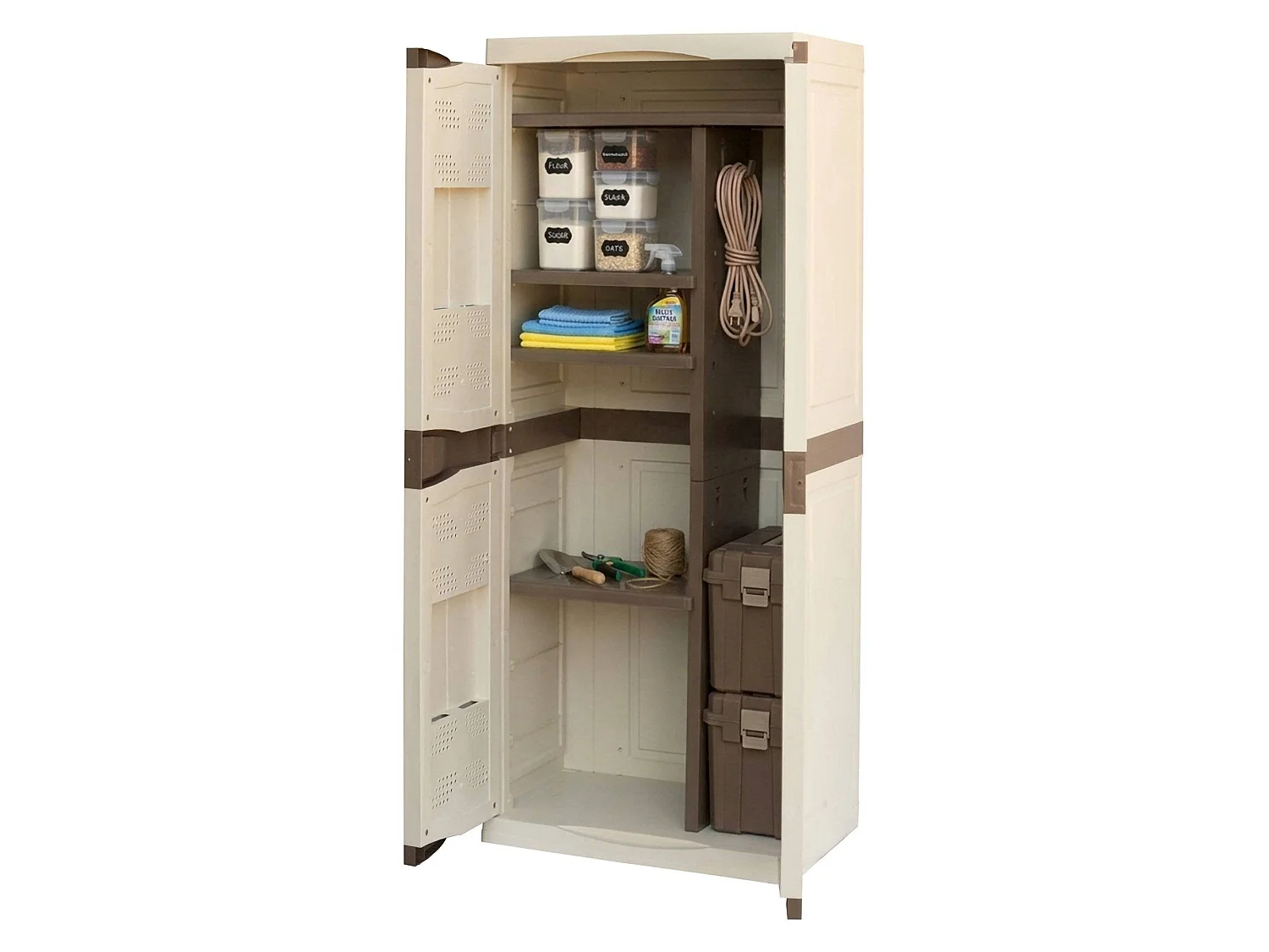 Armoire d'extérieur Avelgem, Armoire de balcon polyvalente, Armoire à balais 2 portes, 100% Made in Italy, 70x47h178 cm, Beige et Marron, Finition élégante