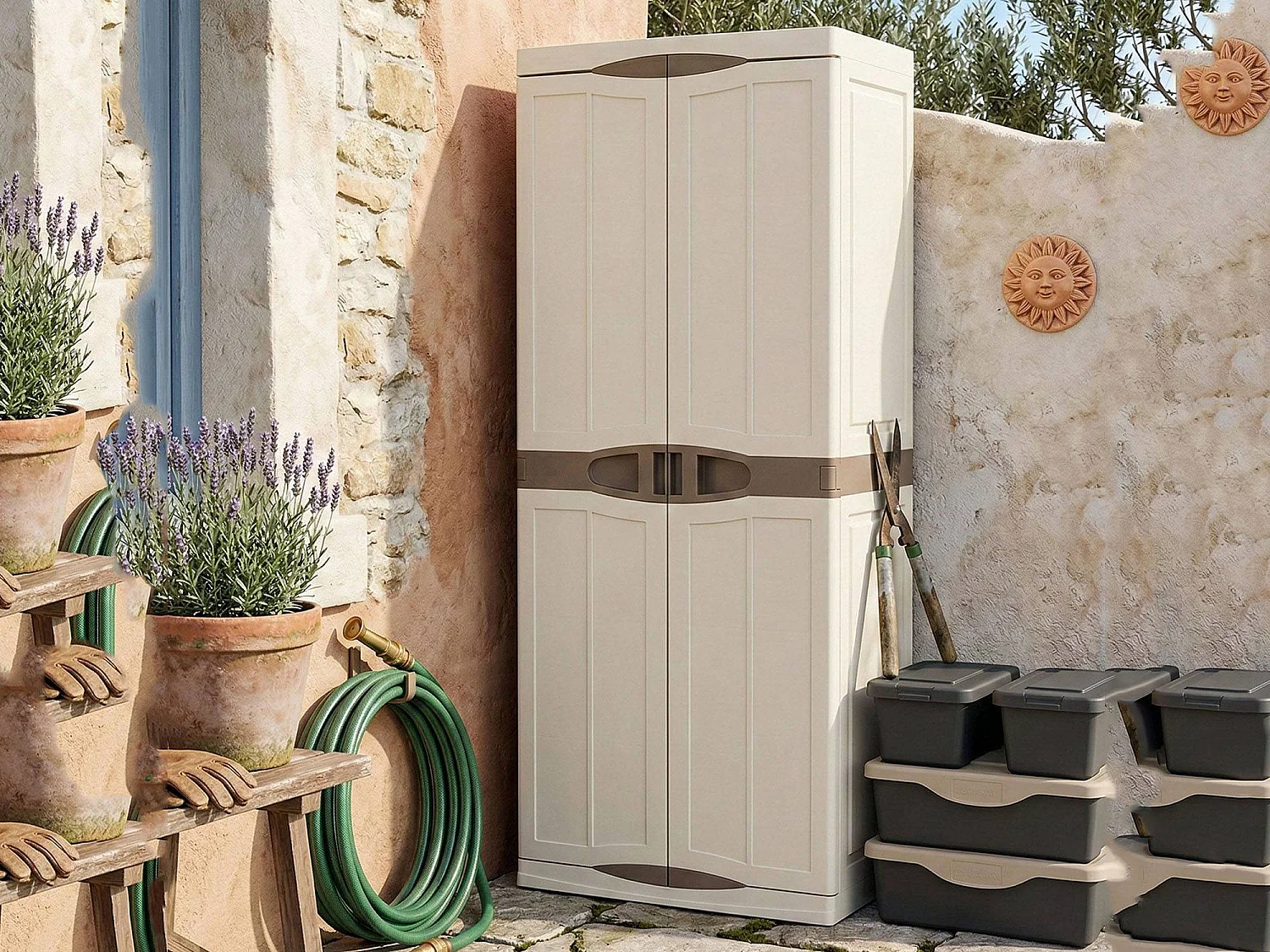 Armoire d'extérieur Avelgem, Armoire de balcon polyvalente, Armoire à balais 2 portes, 100% Made in Italy, 70x47h178 cm, Beige et Marron, Finition élégante