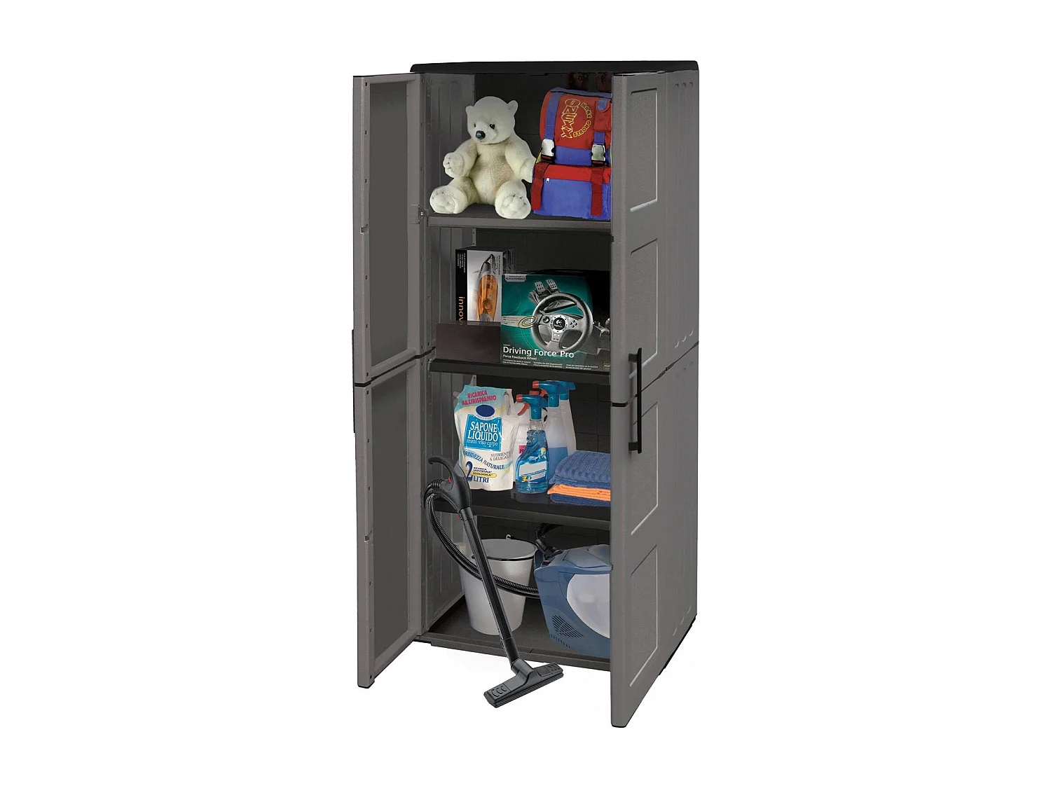 Dambrosin-AuÃŸengarderobe, Balkonmöbel, Mehrzweckgarderobe mit Regalen, 100 % Made in Italy, 68 x 37 x 163 cm, Grau und Schwarz, kariertes Finish