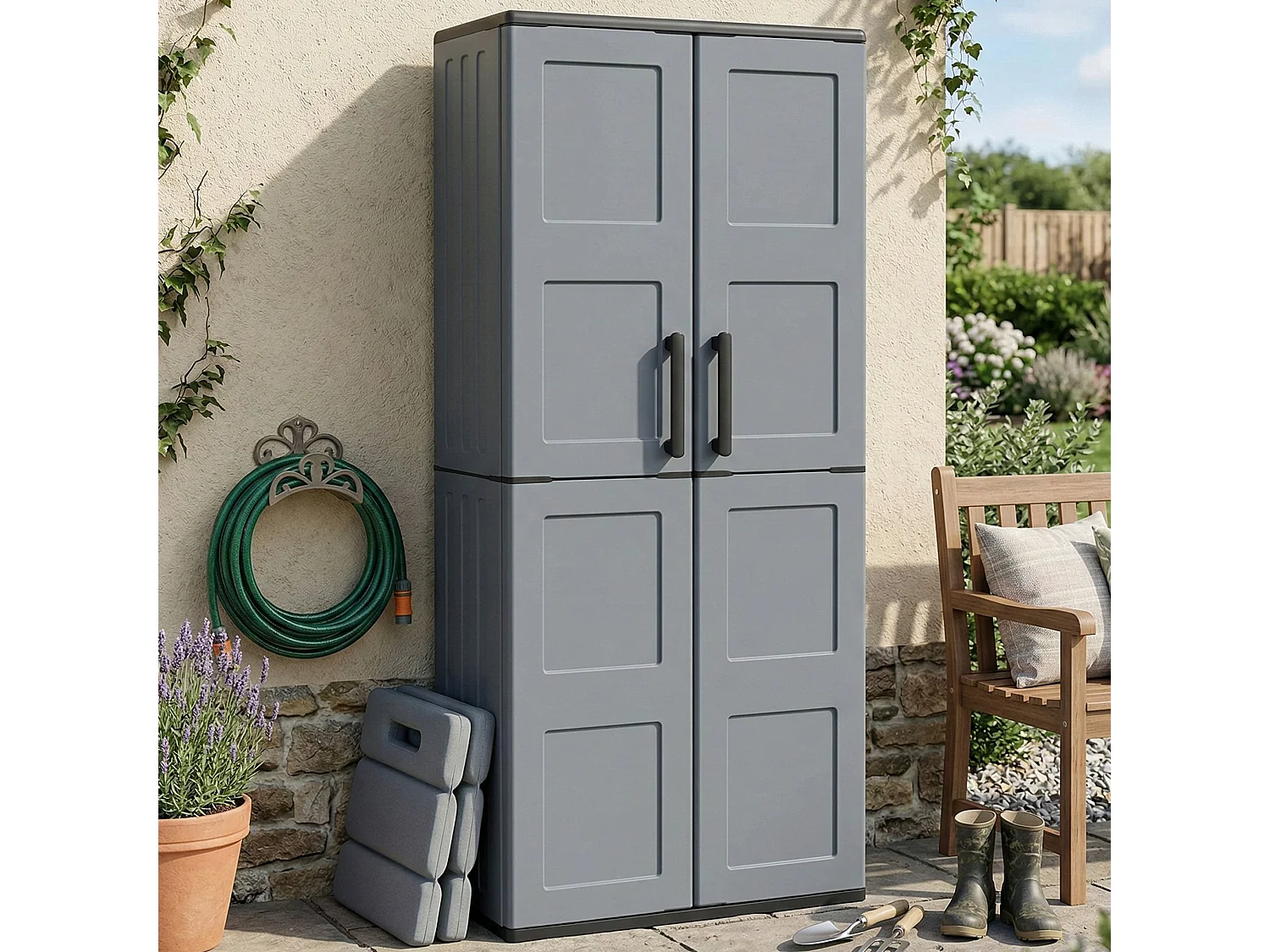Armoire d'extérieur Clavier, Meubles de balcon, Armoire polyvalente avec étagères, 100% Made in Italy, 68x37h163 cm, Gris et Noir, Finition damier
