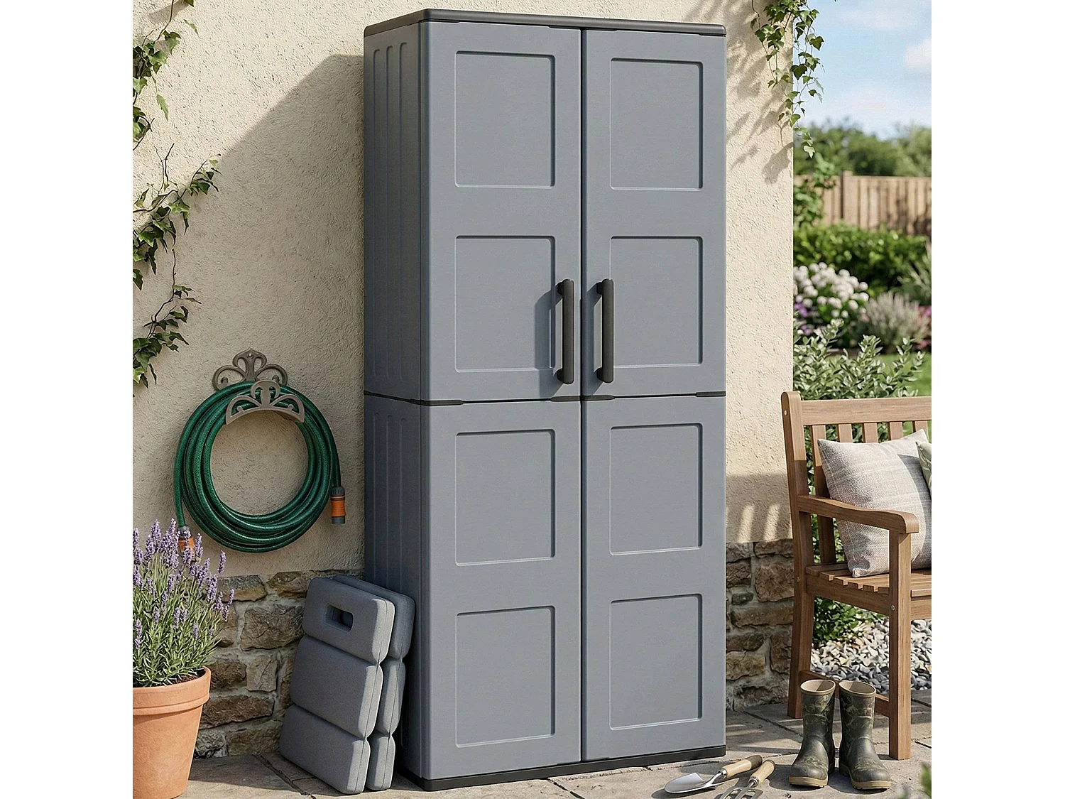 Dambrosin-AuÃŸengarderobe, Balkonmöbel, Mehrzweckgarderobe mit Regalen, 100 % Made in Italy, 68 x 37 x 163 cm, Grau und Schwarz, kariertes Finish