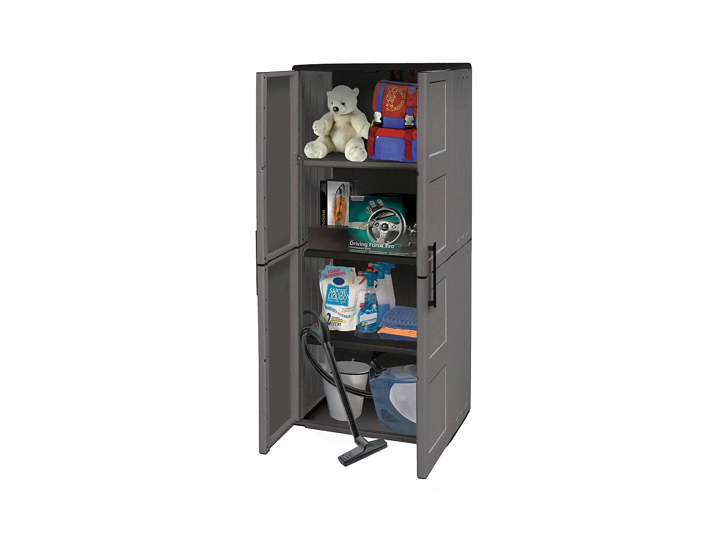 Dambrosin-AuÃŸengarderobe, Balkonmöbel, Mehrzweckgarderobe mit Regalen, 100 % Made in Italy, 68 x 37 x 163 cm, Grau und Schwarz, kariertes Finish