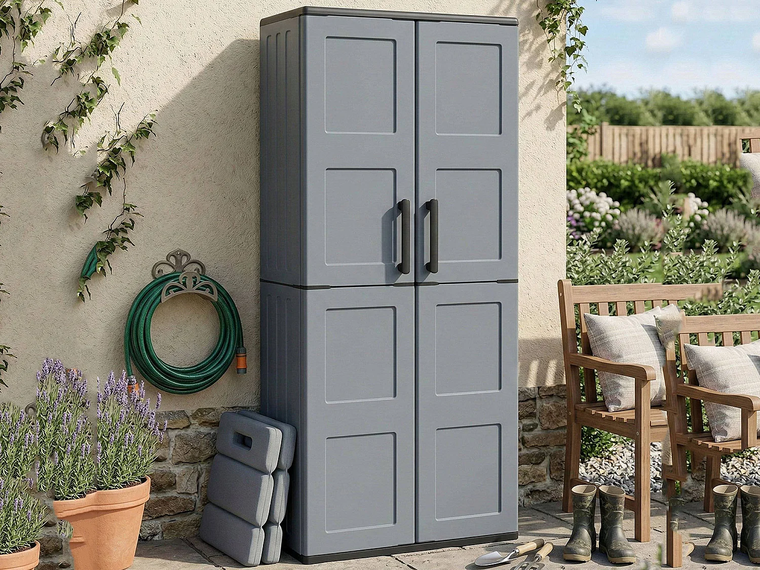 Dambrosin-AuÃŸengarderobe, Balkonmöbel, Mehrzweckgarderobe mit Regalen, 100 % Made in Italy, 68 x 37 x 163 cm, Grau und Schwarz, kariertes Finish