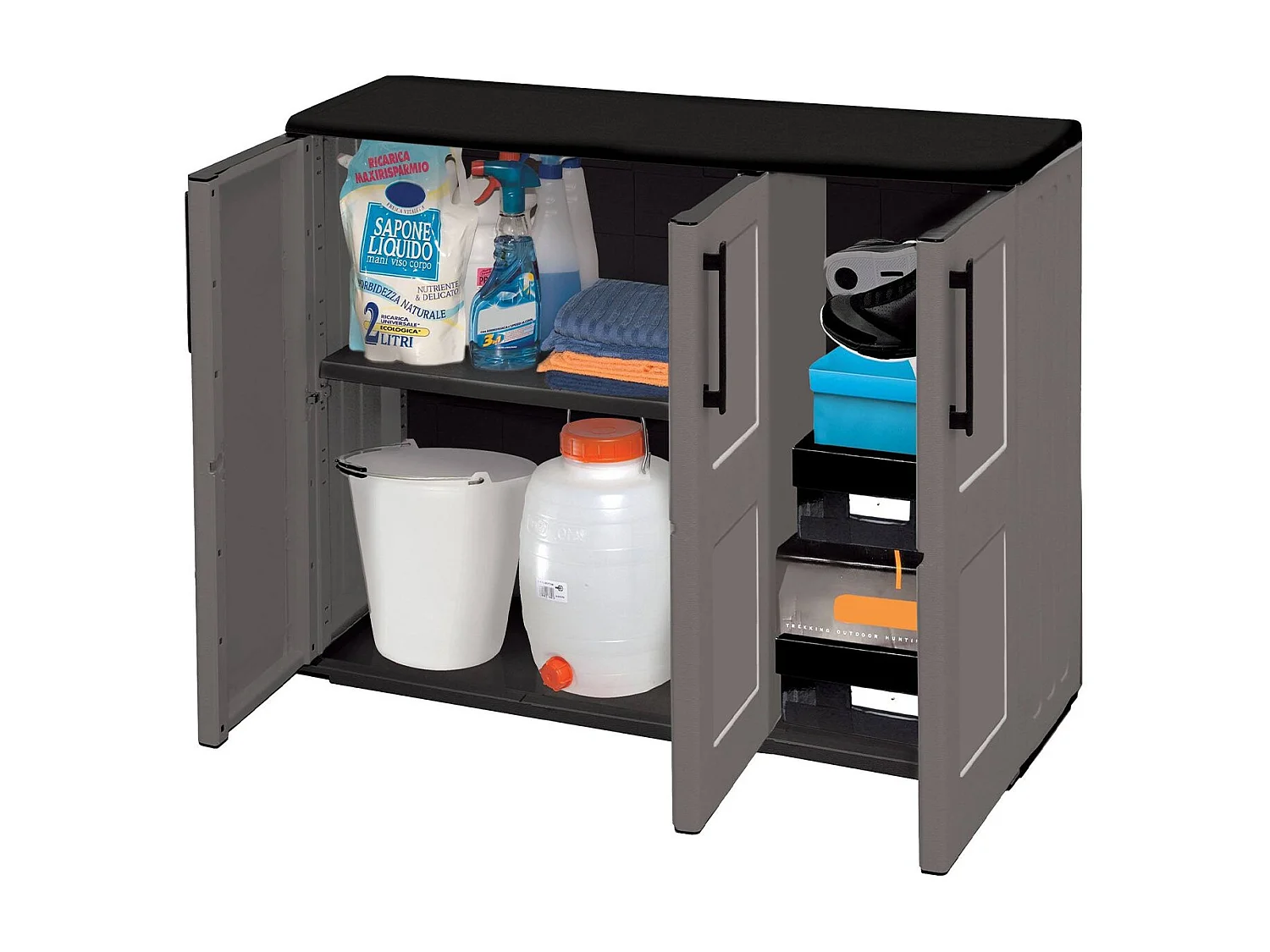 Armoire d'extérieur Gesves, Armoire de balcon polyvalente, Armoire d'extérieur 3 portes, 100% Made in Italy, 102x37h84 cm, Gris et Noir, Finition à carreaux