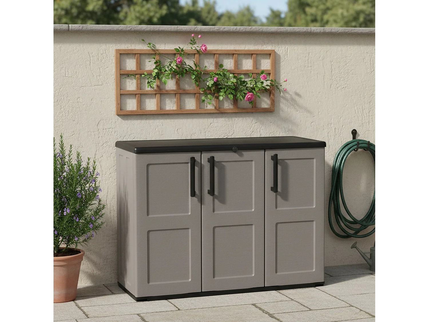 Armário de exterior Darmellin, Armário de varanda multiusos, Armário exterior de 3 portas, 100% Made in Italy, 102x37h84 cm, Cinza e Preto, Acabamento de pintura