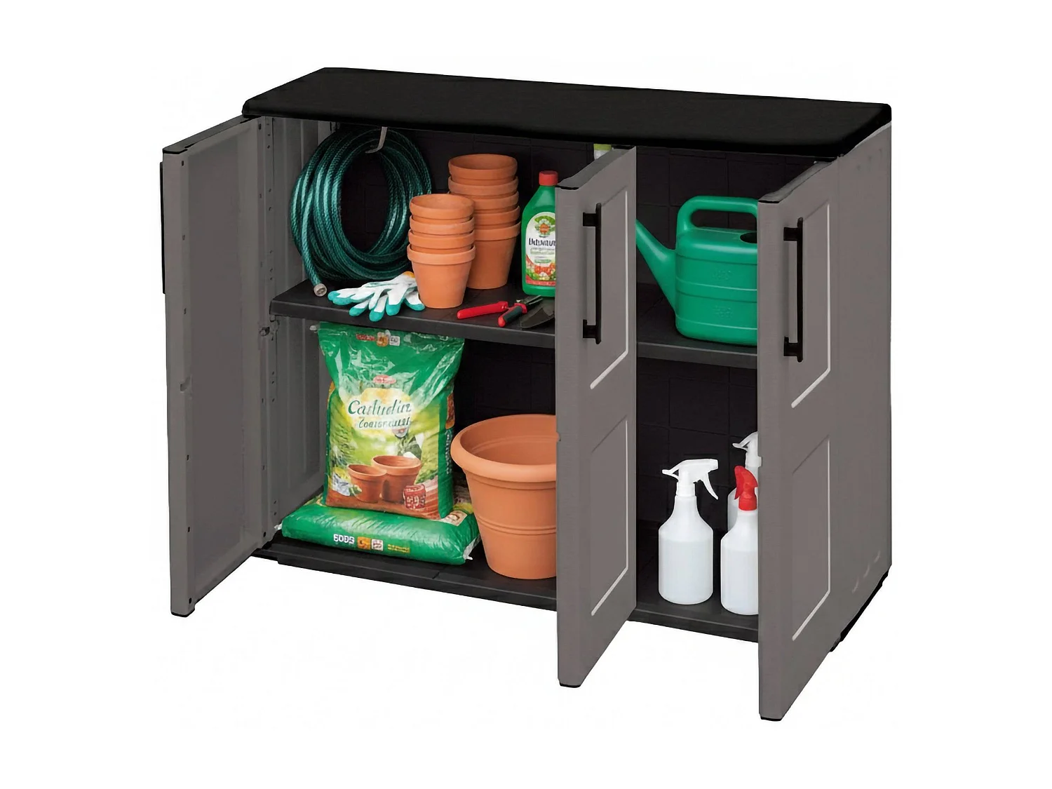 Armoire d'extérieur Gesves, Armoire de balcon polyvalente, Armoire d'extérieur 3 portes, 100% Made in Italy, 102x37h84 cm, Gris et Noir, Finition à carreaux