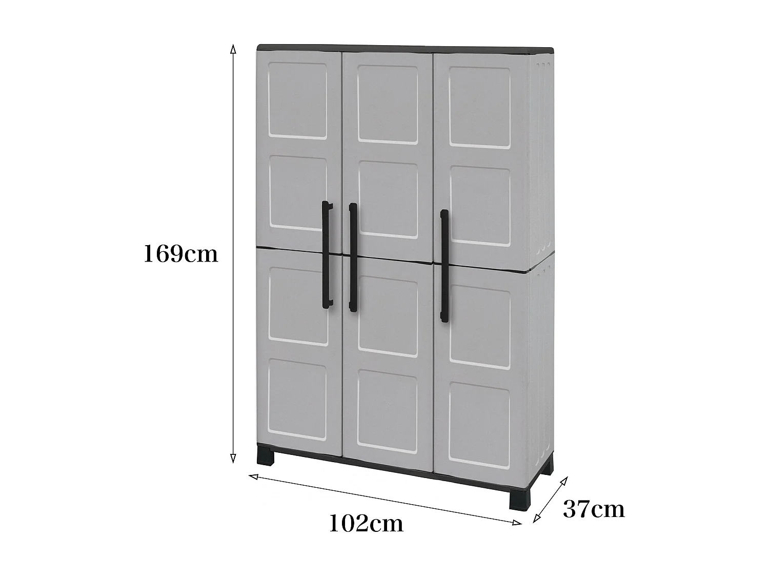 Armoire d'extérieur Nandrin, Armoire à balais, Armoire d'extérieur 3 portes, 100% Made in Italy, 102x37h169 cm, Gris clair et noir, Finition damier