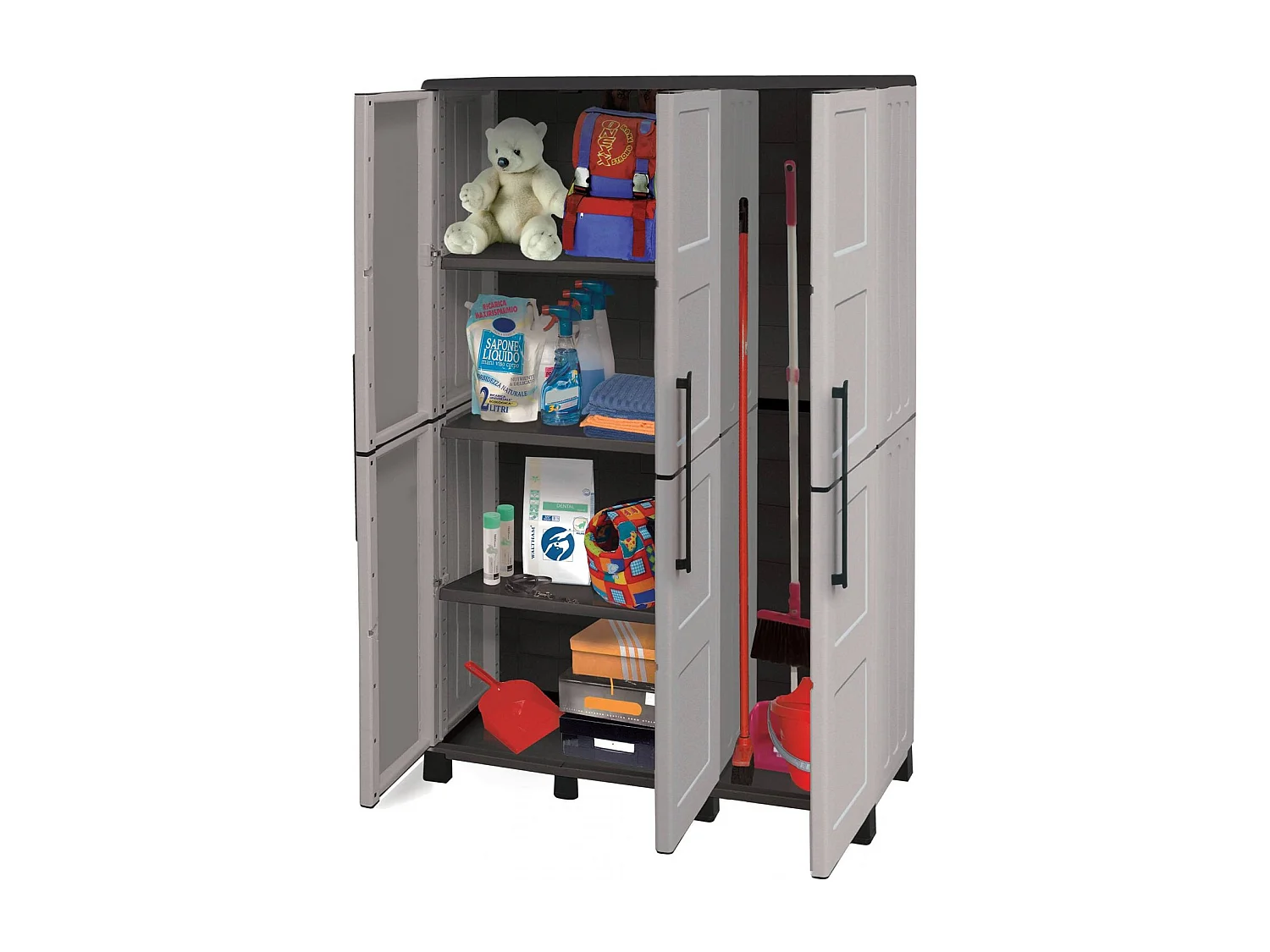 Armoire d'extérieur Nandrin, Armoire à balais, Armoire d'extérieur 3 portes, 100% Made in Italy, 102x37h169 cm, Gris clair et noir, Finition damier