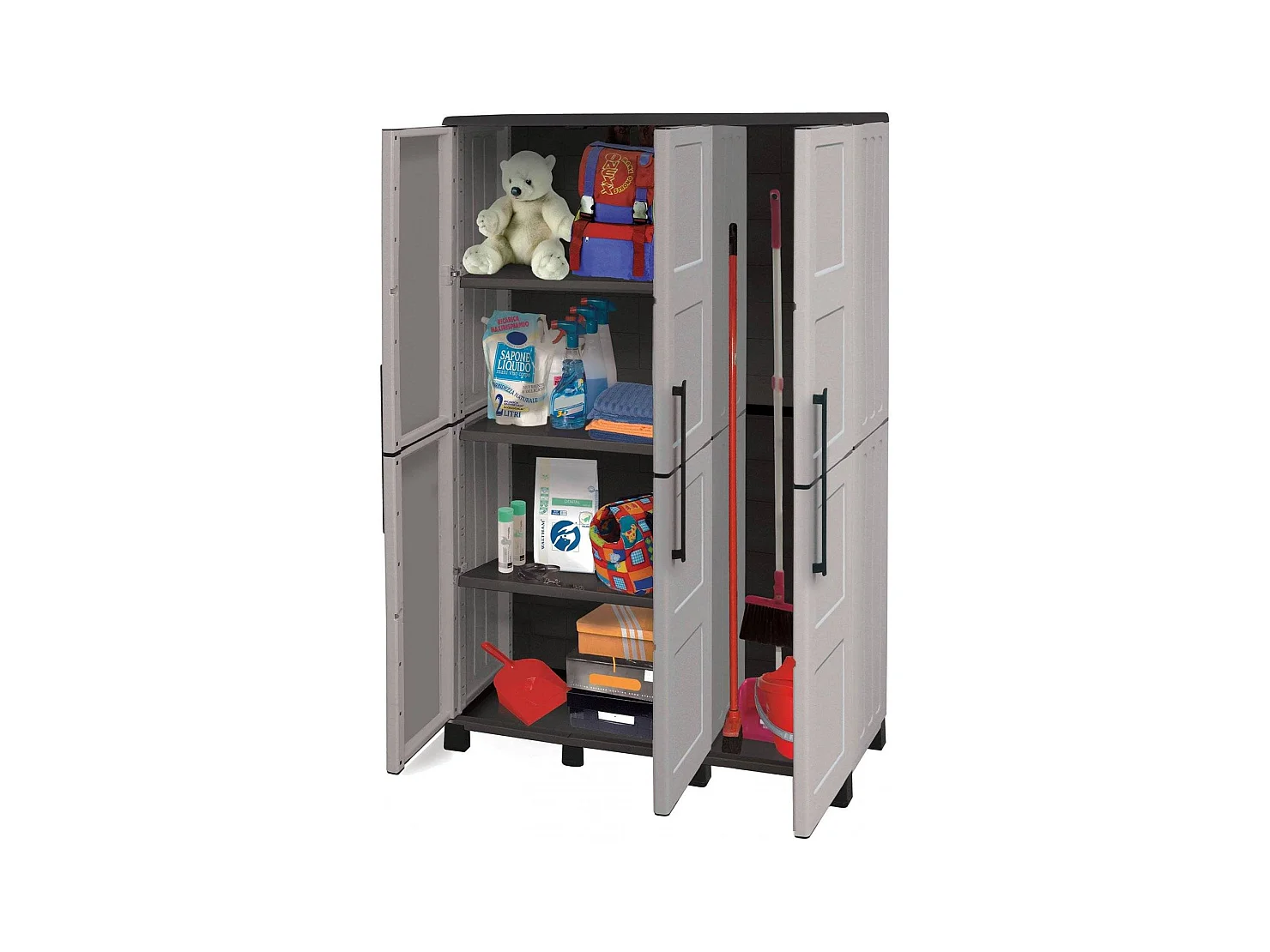 Armoire d'extérieur Nandrin, Armoire à balais, Armoire d'extérieur 3 portes, 100% Made in Italy, 102x37h169 cm, Gris clair et noir, Finition damier
