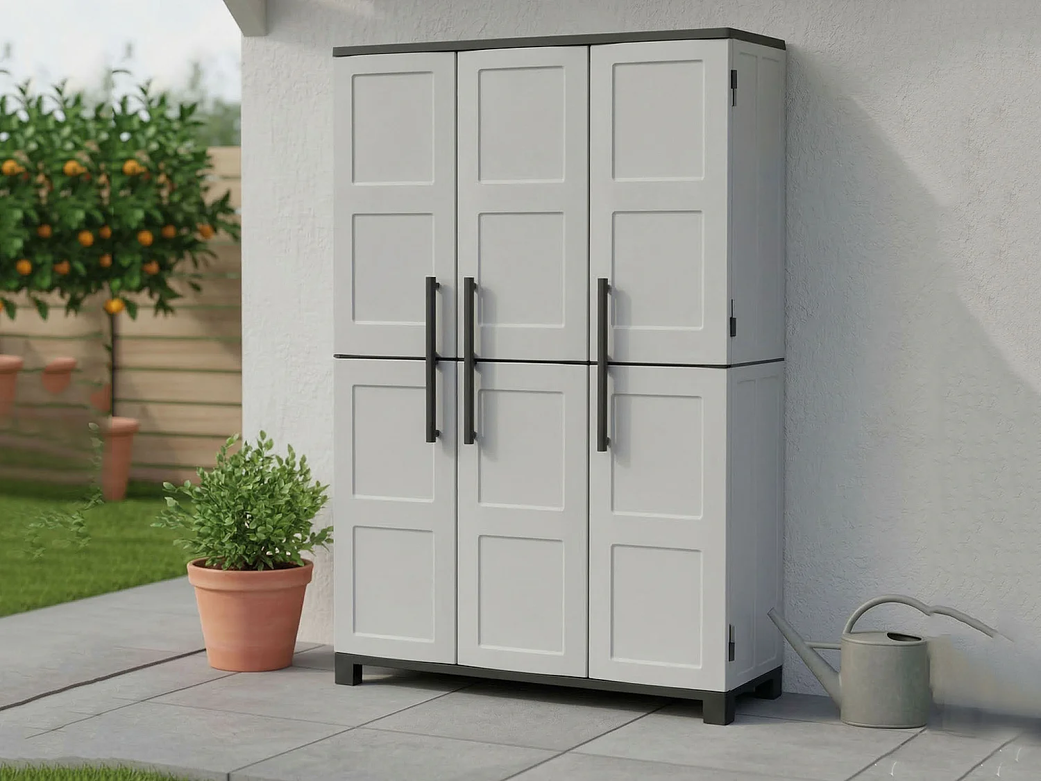Armoire d'extérieur Nandrin, Armoire à balais, Armoire d'extérieur 3 portes, 100% Made in Italy, 102x37h169 cm, Gris clair et noir, Finition damier