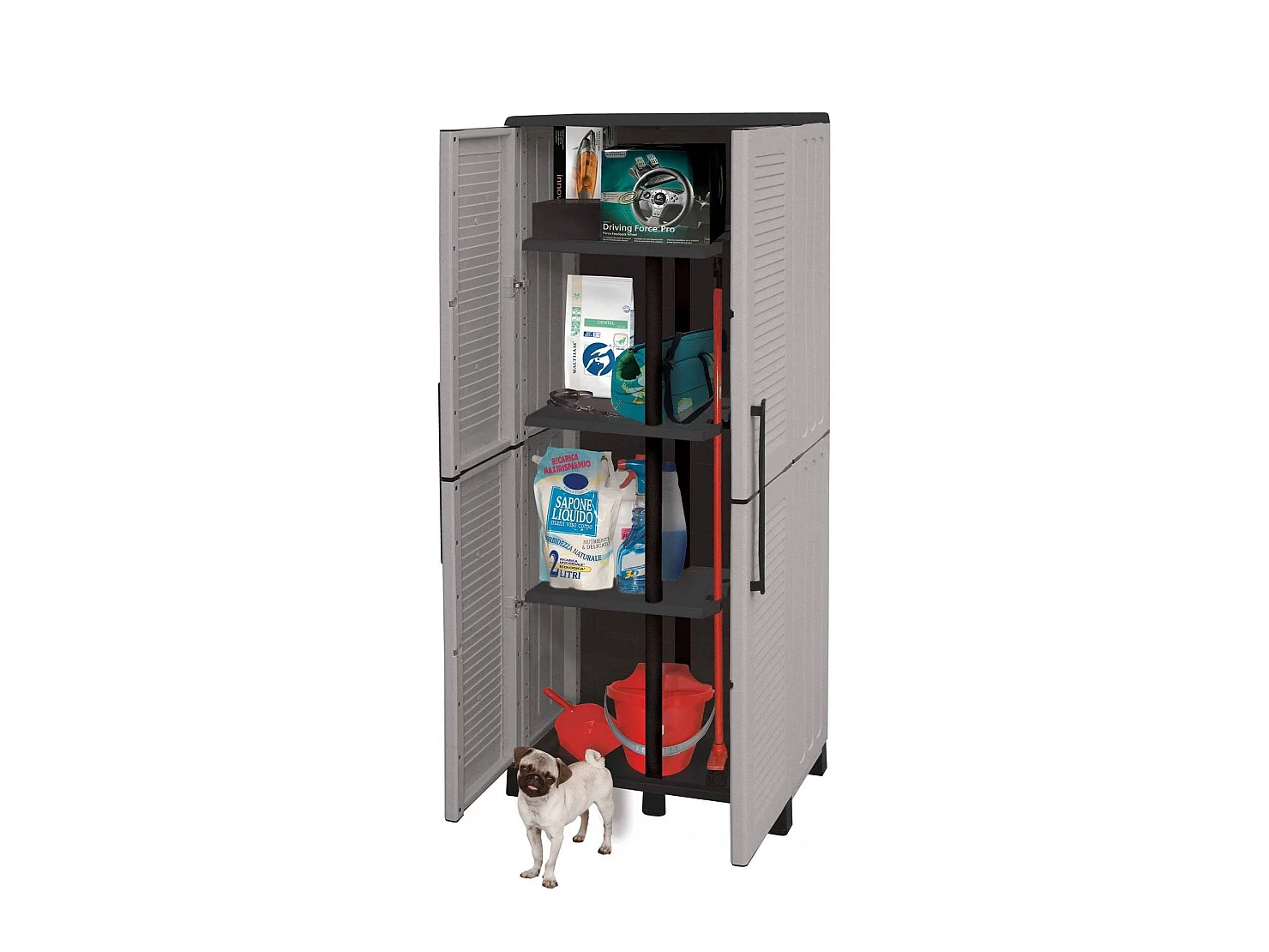 Dbettell buitengarderobe, Garderobe doorTa scope, Buitenkast 2 deuren, 100% Made in Italy, 68x37h169 cm, Lichtgrijs en Zwart, Gestreepte afwerking