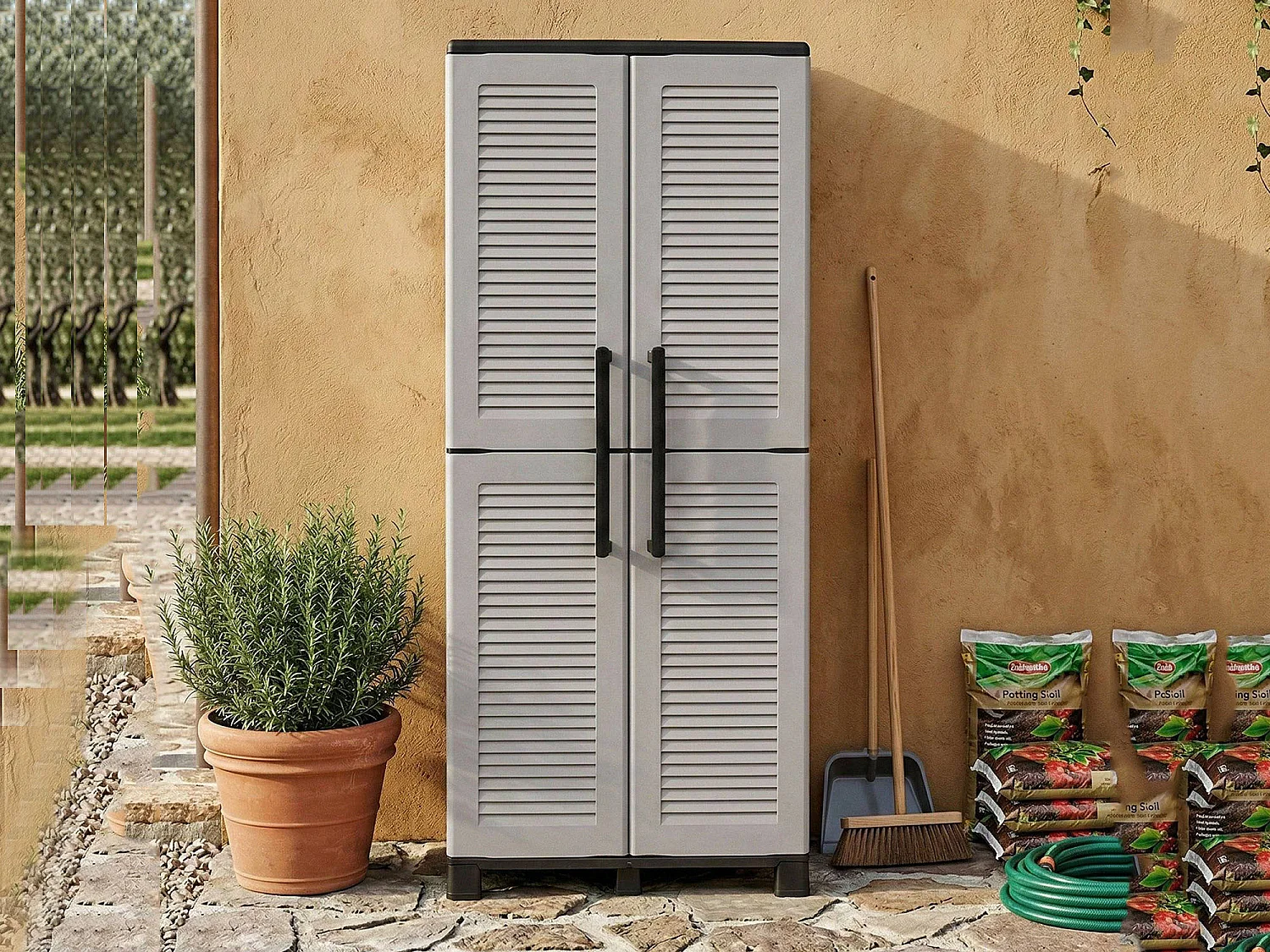 Armoire d'extérieur Veurne, Armoire à balais, Armoire d'extérieur 2 portes, 100% Made in Italy, 68x37h169 cm, Gris clair et noir, Finition rayée