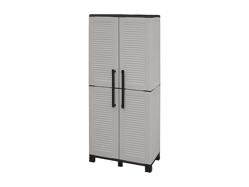 Armario de exterior Dbettell, Armario para escobas, mueble de exterior de 2 puertas, 100% Made in Italy, 68x37h169 cm, Gris claro y negro, Acabado a rayas