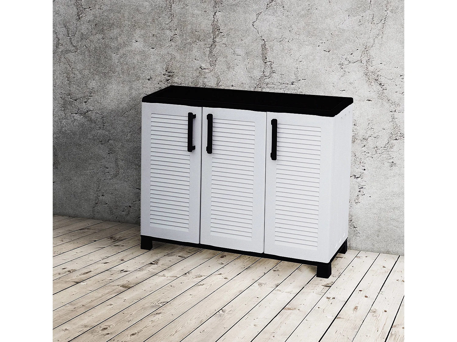 Dbelpann buitengarderobe, Multifunctionele balkongarderobe, 3-deurs buitenkast, 100% Made in Italy, 102x37h90 cM, lichtgrijs en zwart, stripafwerking