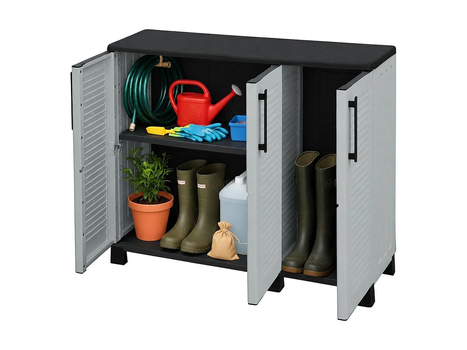 Armoire d'extérieur Pelt, Armoire de balcon polyvalente, Armoire d'extérieur 3 portes, 100% Made in Italy, 102x37h90 cm, Gris clair et noir, Finition rayée