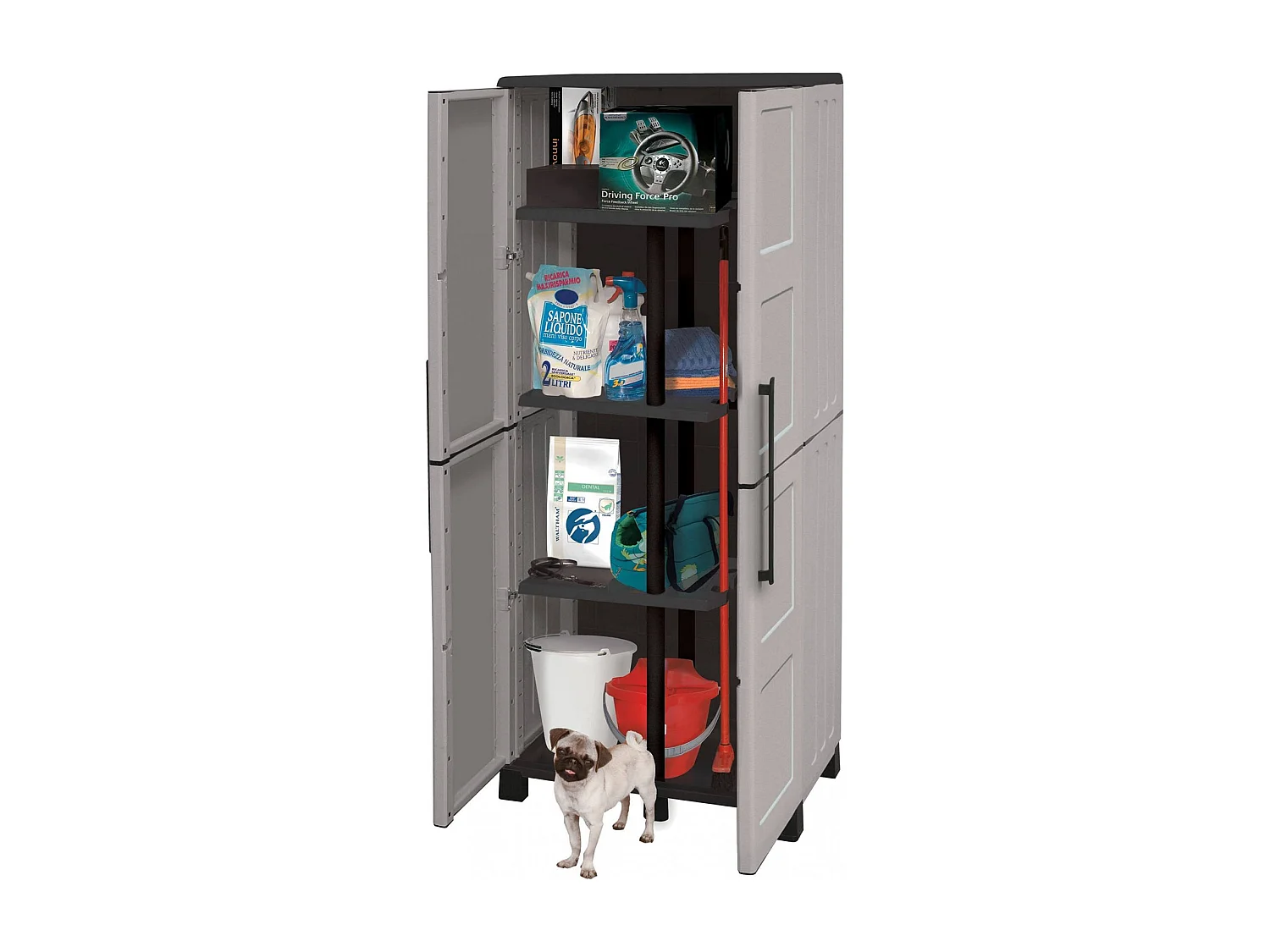 Dbettell-AuÃŸengarderobe, Besenschrank, 2-türiger AuÃŸenschrank, 100 % Made in Italy, 68 x 37 x 169 cm, Hellgrau und Schwarz, kariertes Finish