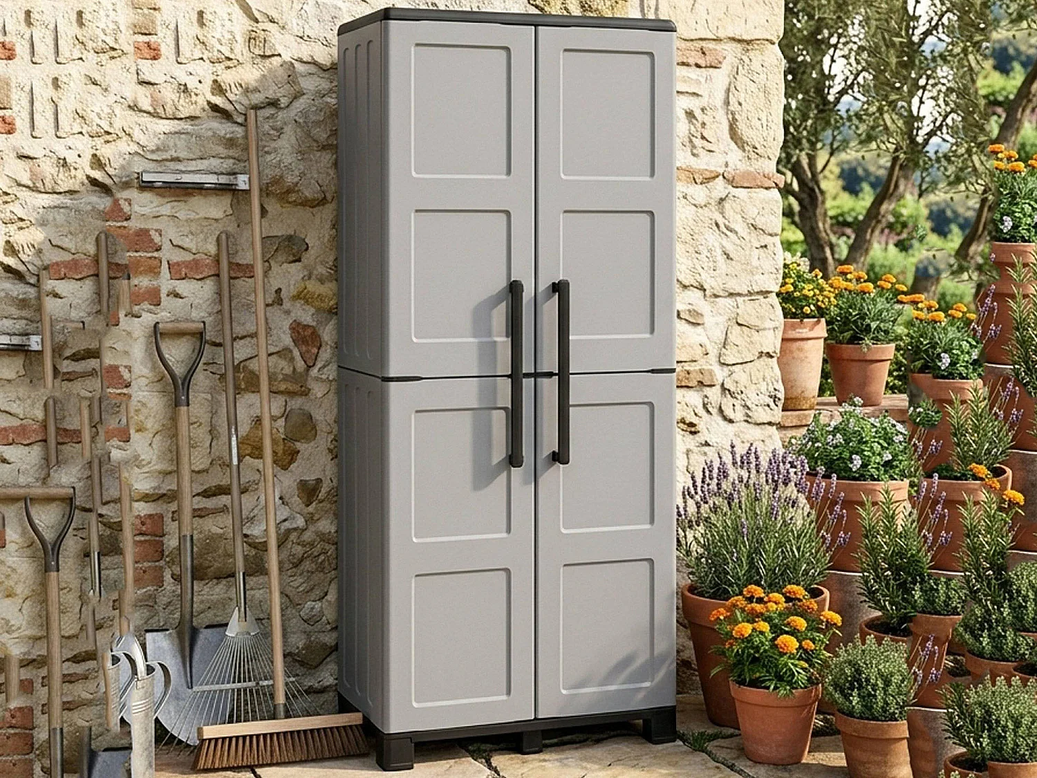 Armoire d'extérieur Veurne, Armoire à balais, Armoire d'extérieur 2 portes, 100% Made in Italy, 68x37h169 cm, Gris clair et noir, Finition damier
