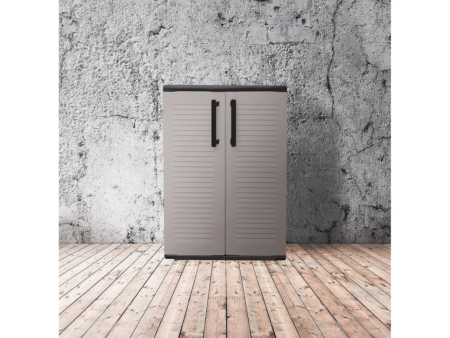 Armoire d'extérieur Wavre, Armoire de balcon polyvalente, Armoire d'extérieur 2 portes, 100% Made in Italy, 68x37h90 cm, Gris clair et noir, Finition rayée