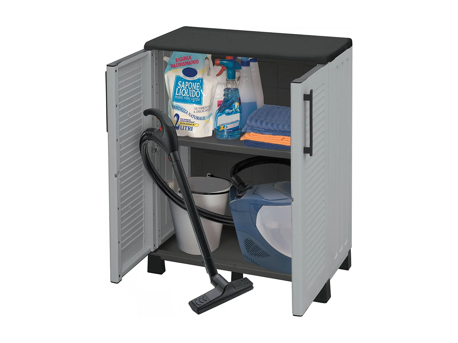 Dbirindell buitengarderobe, Multius balkongarderobeO, Buitenkast 2 deuren, 100% Made in Italy, 68x37h90 cm, Lichtgrijs en Zwart, Gestreepte afwerking