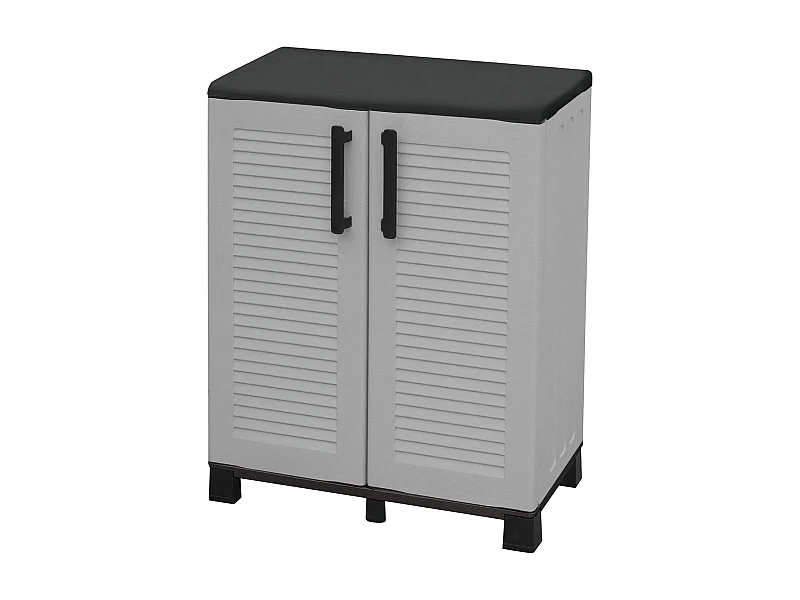 Armario de exterior Dbirindell, Armario de balcón multiusos, Mueble de exterior de 2 puertas, 100% Made in Italy, 68x37h90 cm, Gris claro y negro, Acabado a rayas