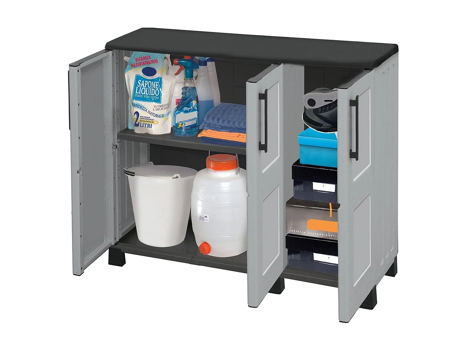 Armoire d'extérieur Pelt, Armoire de balcon polyvalente, Armoire d'extérieur 3 portes, 100% Made in Italy, 102x37h90 cm, Gris clair et noir, Finition à carreaux