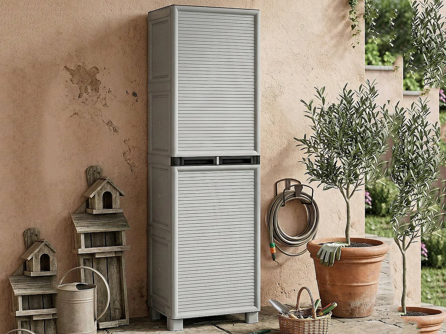 Armadio da Esterno Gervasia, 2 Ripiani Made in Italy, 39x50x172h cm Grigio Chiaro, Mobile da Giardino