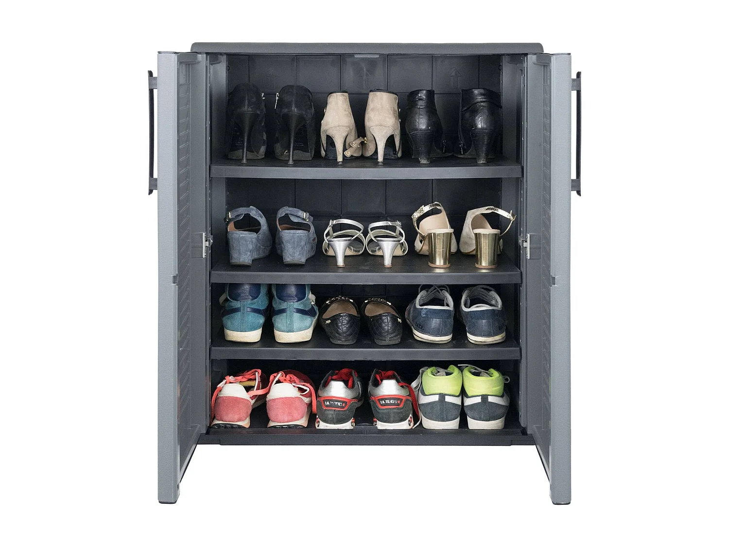 Armario exterior Daltinie, Muebles de exterior, Armario balcón multiusos, 100% Made in Italy, Gris y Negro, Acabado rayas, 68x37h84 cm