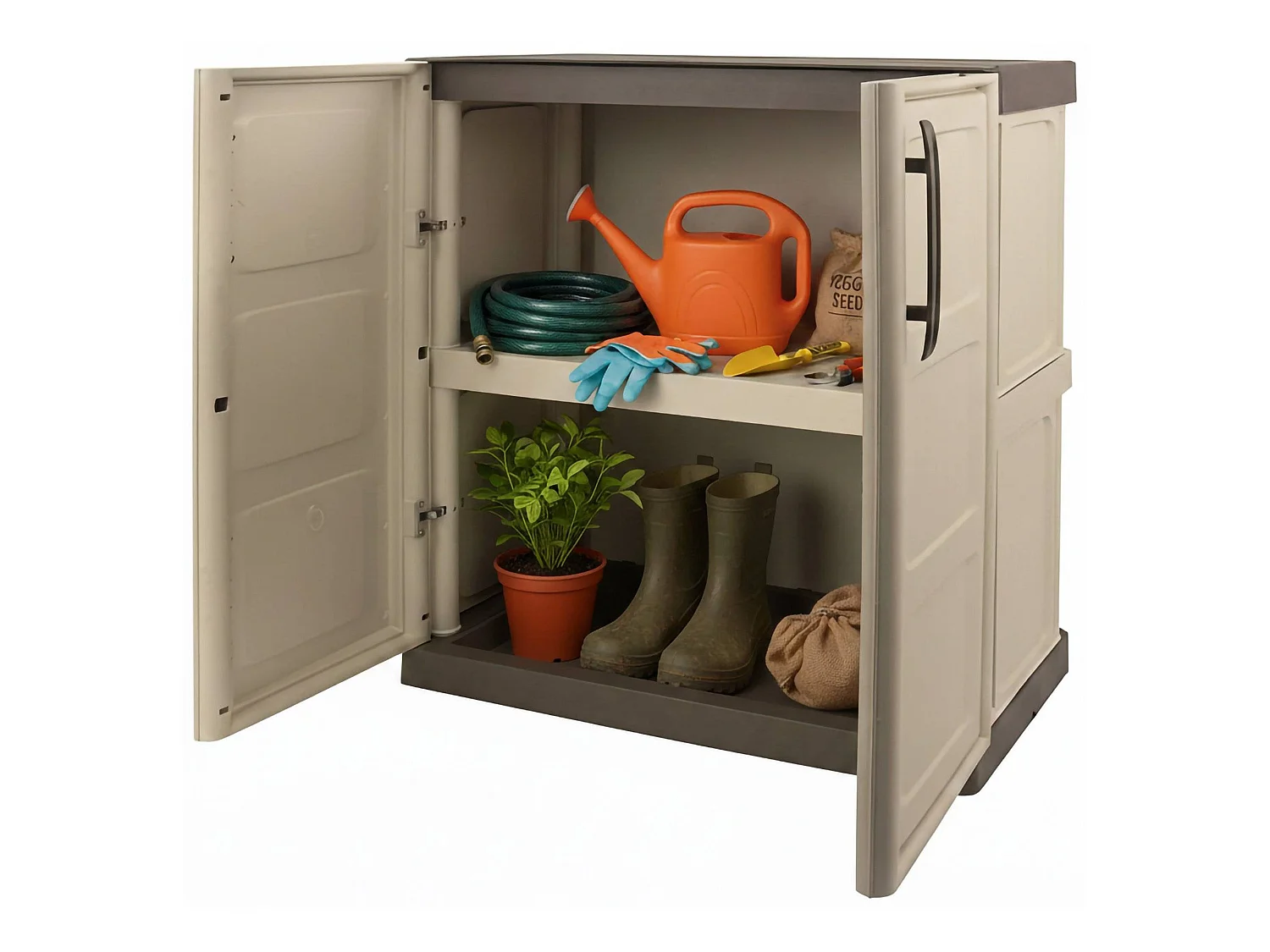 Damb buitengarderobeRosi, Multifunctionele balkonkast, 2-deurs buitenkast, 100% Made in Italy, Beige en Bruin, 70x39h86 cm, Geruite afwerking