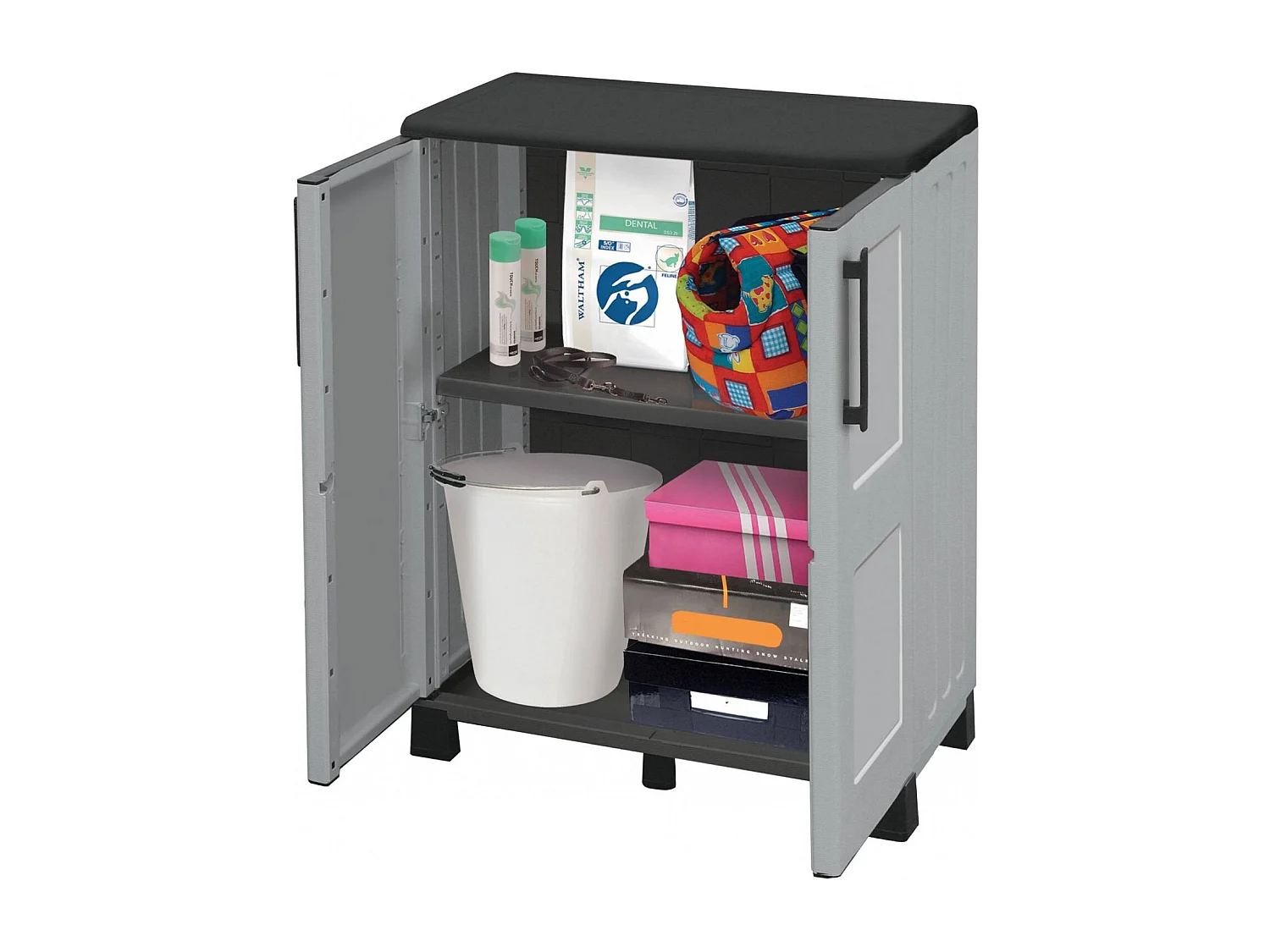 Dbirindell buitengarderobe, multifunctionele balkongarderobe, 2-deurs buitenkast, 100% gemaakt erinAly, 68x37h90 cm, Lichtgrijs & Zwart, Geruite afwerking