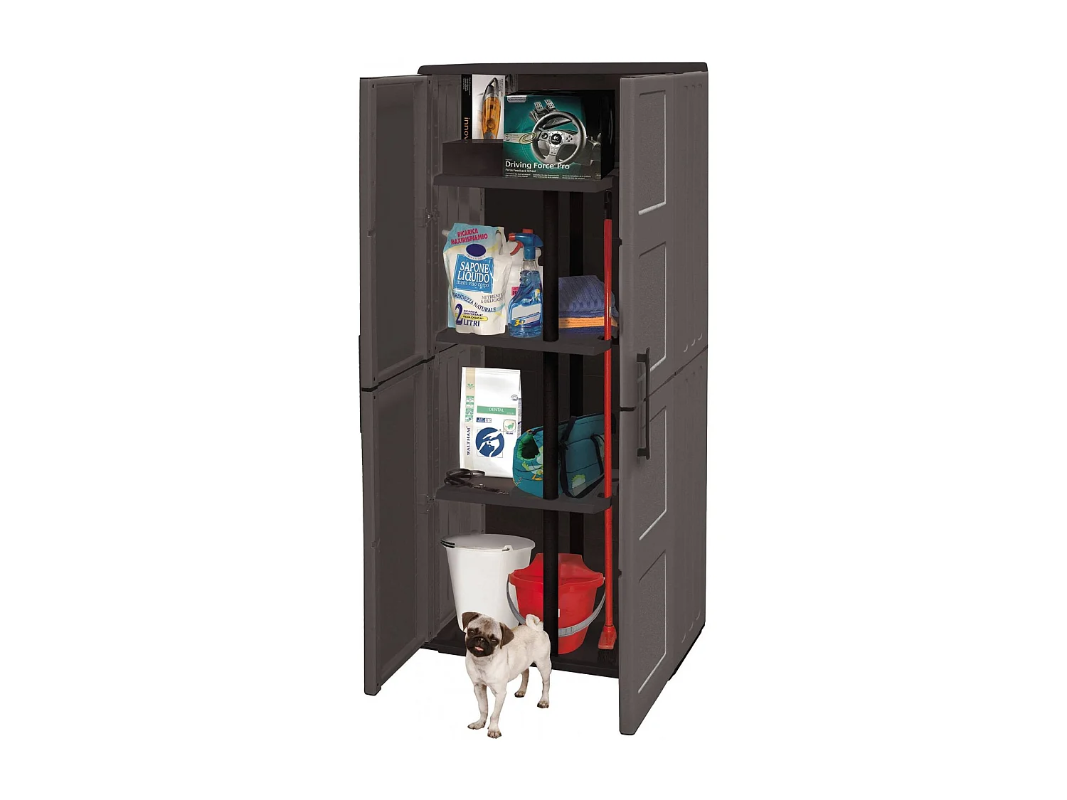 Armoire d'extérieur Geel, Armoire porte-balai polyvalente, Armoire d'extérieur 2 portes, 100% Made in Italy, Finition damier, 68x37h163 cm, Gris et Noir