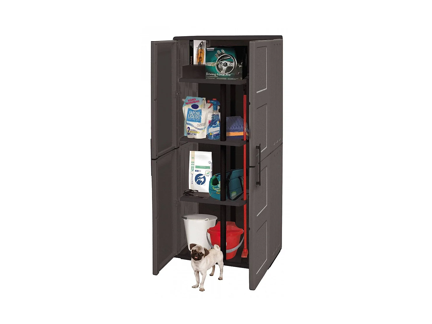 Dargentes buitenkast, Multifunctionele bezemkast, 2-deurs buitenkast, 100% Made in Italy, Vierkante afwerking, 68x37h163 cm, Grijs en Zwart