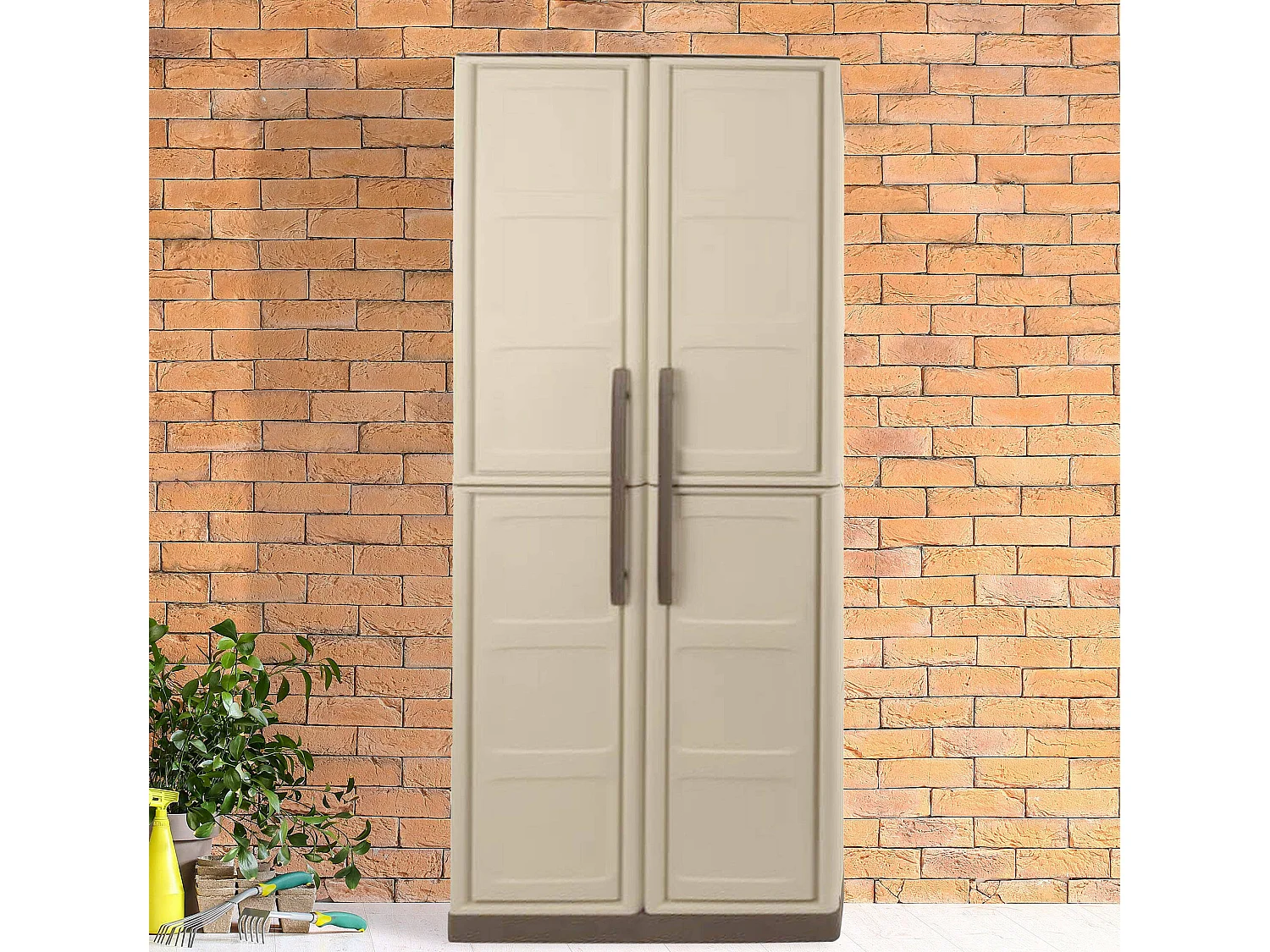 Dbattistin-AuÃŸengarderobe, Mehrzweck-Balkonschrank, 2-türiger AuÃŸenschrank, 100 % Made in Italy, Beige und Braun, kariertes Finish, 70 x 39 x 165 cm