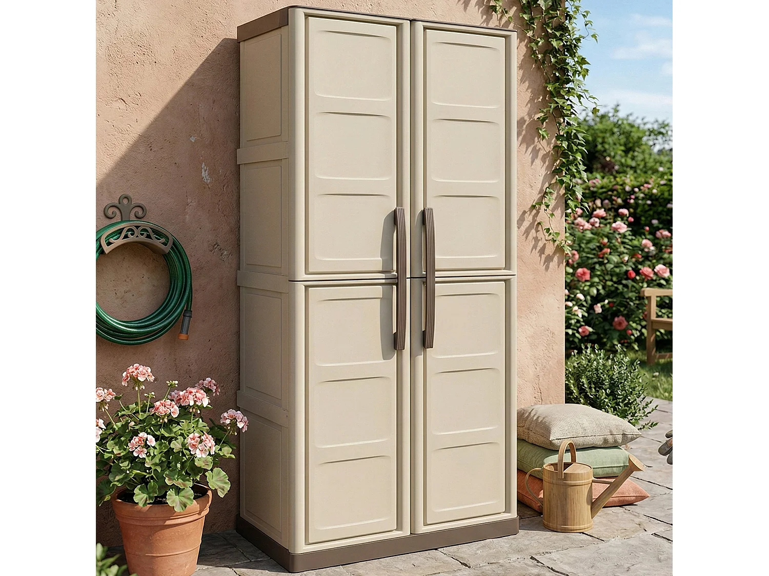 Armário de exterior Dbattistin, Armário de varanda multiusos, Armário exterior de 2 portas, 100% Made in Italy, Bege e Castanho, Acabamento de pintura, 70x39h165 cm