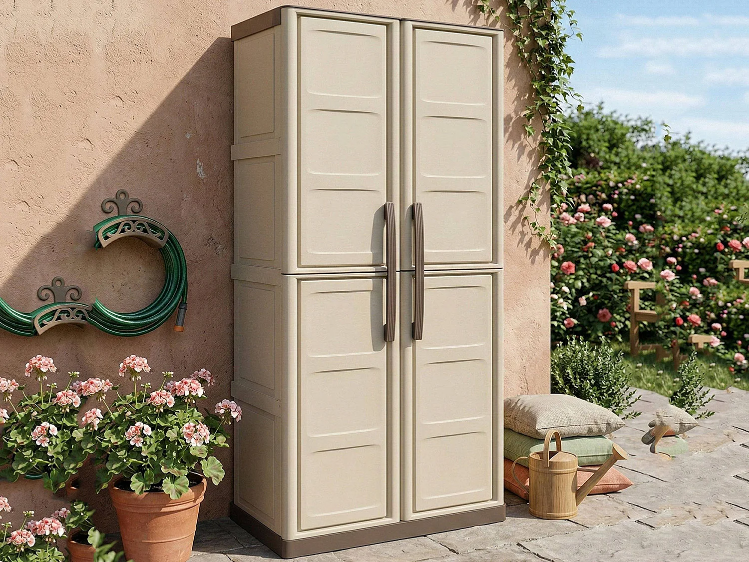 Armadio da Esterno Adenina, 3 Ripiani Made in Italy, 39x70x165h cm Beige, Mobile da Giardino