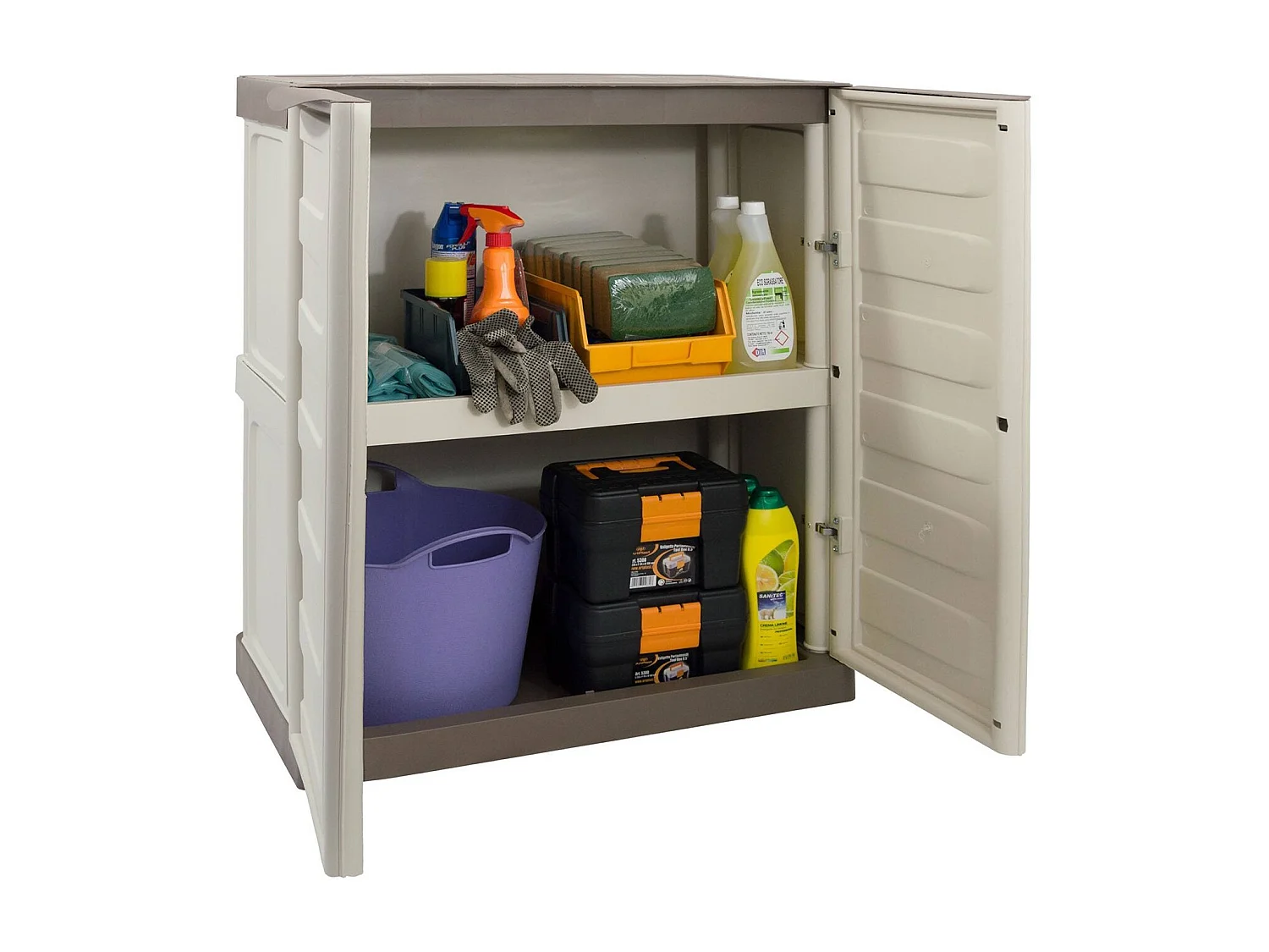 Dambrosi buitengarderobe, Multifunctionele balkongarderobe, 2-deurs buitenkast, 100% Made in Italy, Beige en Bruin, 70x39h86 cm, Gestreepte afwerking