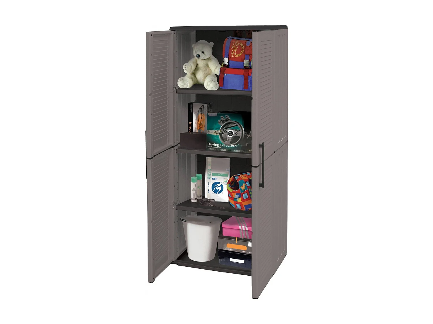 Armario de exterior Dambrosin, Muebles de balcón, Armario multiusos con estantes, 100% Made in Italy, 68x37h163 cm, Gris y Negro, Acabado rayas