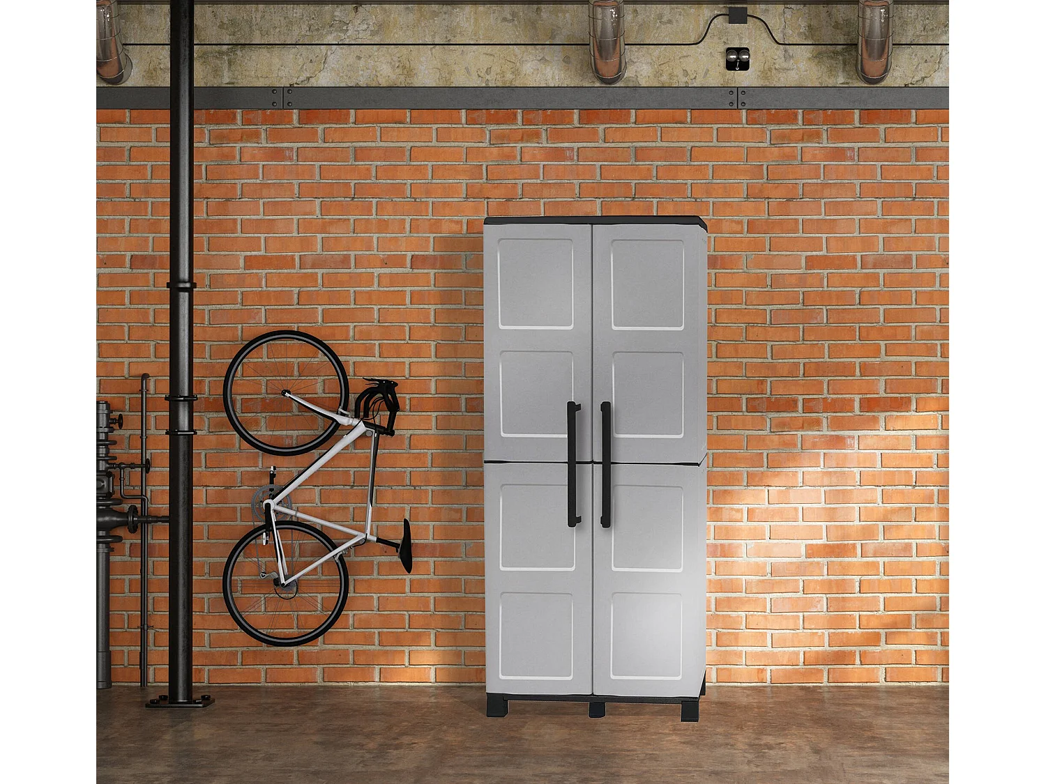 Armário de exterior Dbesaggi, Armário de varanda multiusos com 2 portas, 100% Made in Italy, 68x37h169 cm, Cinza claro e preto, Acabamento de quadros