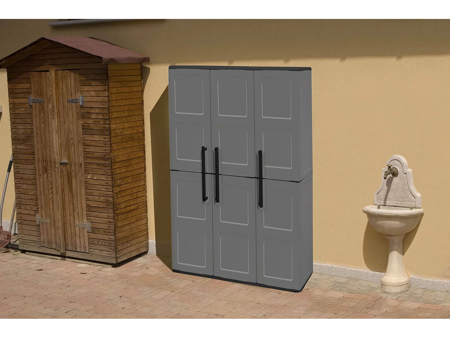 Armoire d'extérieur Bilzen, Mobilier d'extérieur, Armoire de balcon polyvalente, 100% Made in Italy, Gris et Noir, Finition à carreaux, 102x37h163 cm