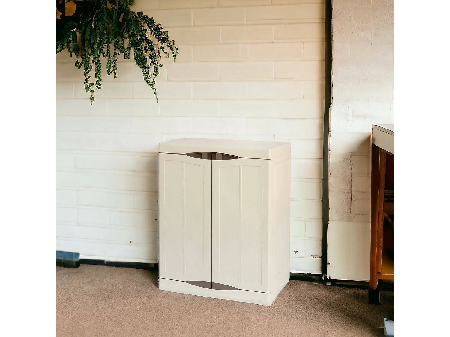 Armoire d'extérieur Courtrai, Armoire de balcon polyvalente, Mobilier d'extérieur avec 2 portes, 100% Made in Italy, Beige et Marron, 70x47h91 cm, Finition élégante