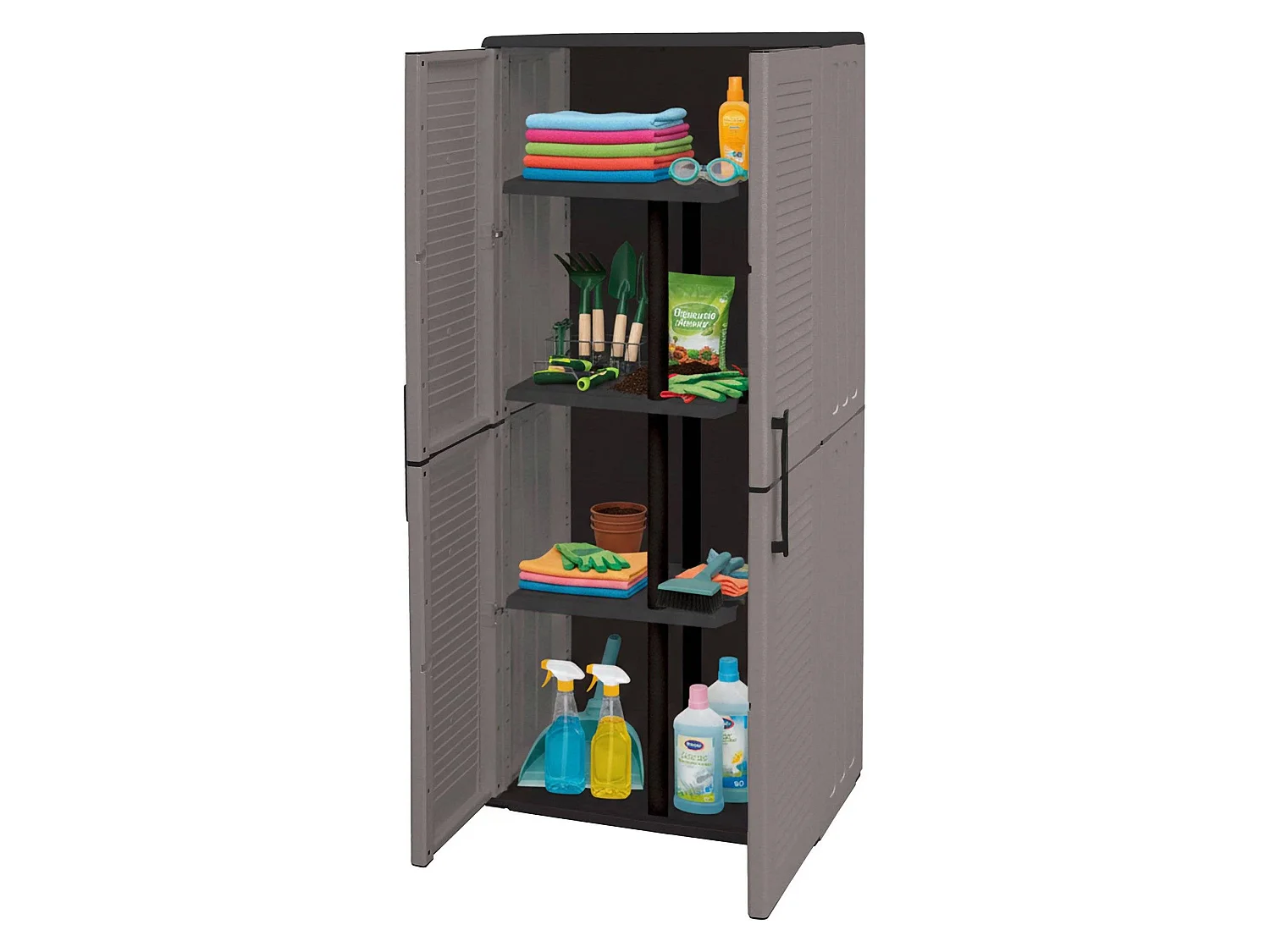Dargentes buitenkast, Multifunctionele bezemkast, 2-deurs buitenkast, 100% Made in Italy, Gestreepte afwerking, 68x37h163 cm, Grijs en Zwart