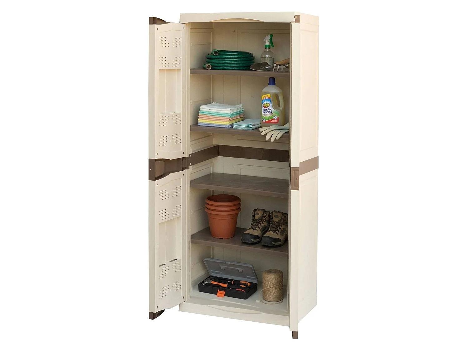 Armoire d'extérieur Marchin, Armoire de balcon polyvalente, Armoire d'extérieur 2 portes, 100% Made in Italy, Beige et Marron, Finition élégante, 70x47h179 cm