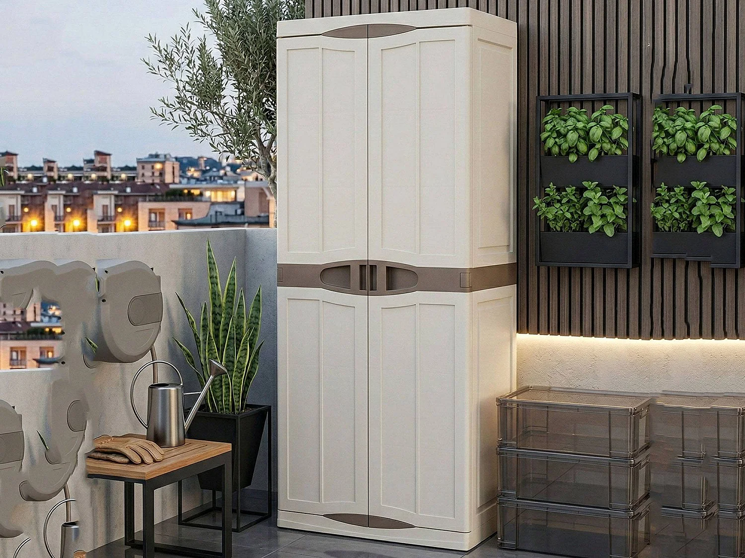 Armoire d'extérieur Marchin, Armoire de balcon polyvalente, Armoire d'extérieur 2 portes, 100% Made in Italy, Beige et Marron, Finition élégante, 70x47h179 cm