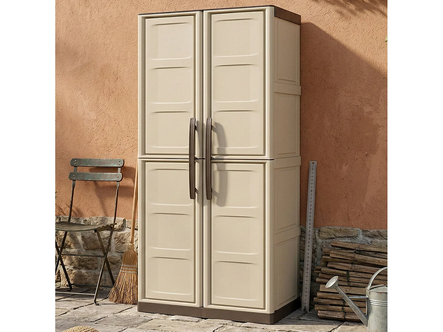 Armoire d'extérieur Avelgem, Armoire de balcon polyvalente, armoire à balais 2 portes, 100% Made in Italy, 70x47h178 cm, Beige et Marron, Finition damier