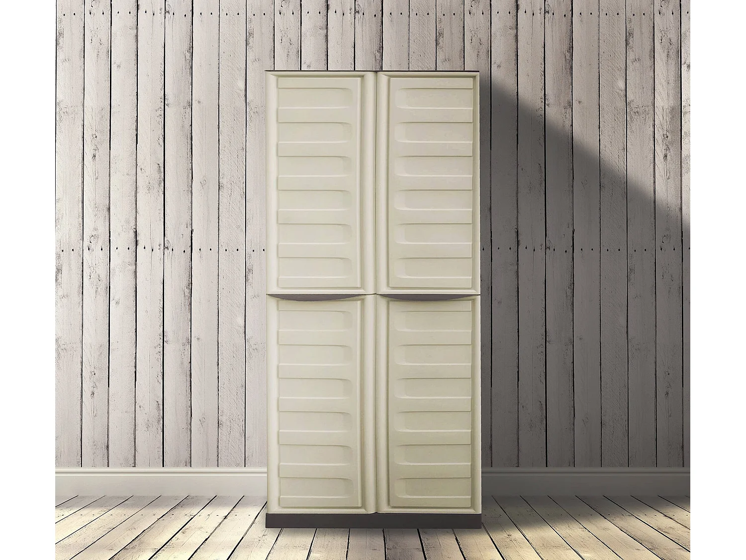 Armoire d'extérieur Avelgem, Armoire de balcon polyvalente, armoire à balais 2 portes, 100% Made in Italy, 70x47h178 cm, Beige et Marron, Finition rayée