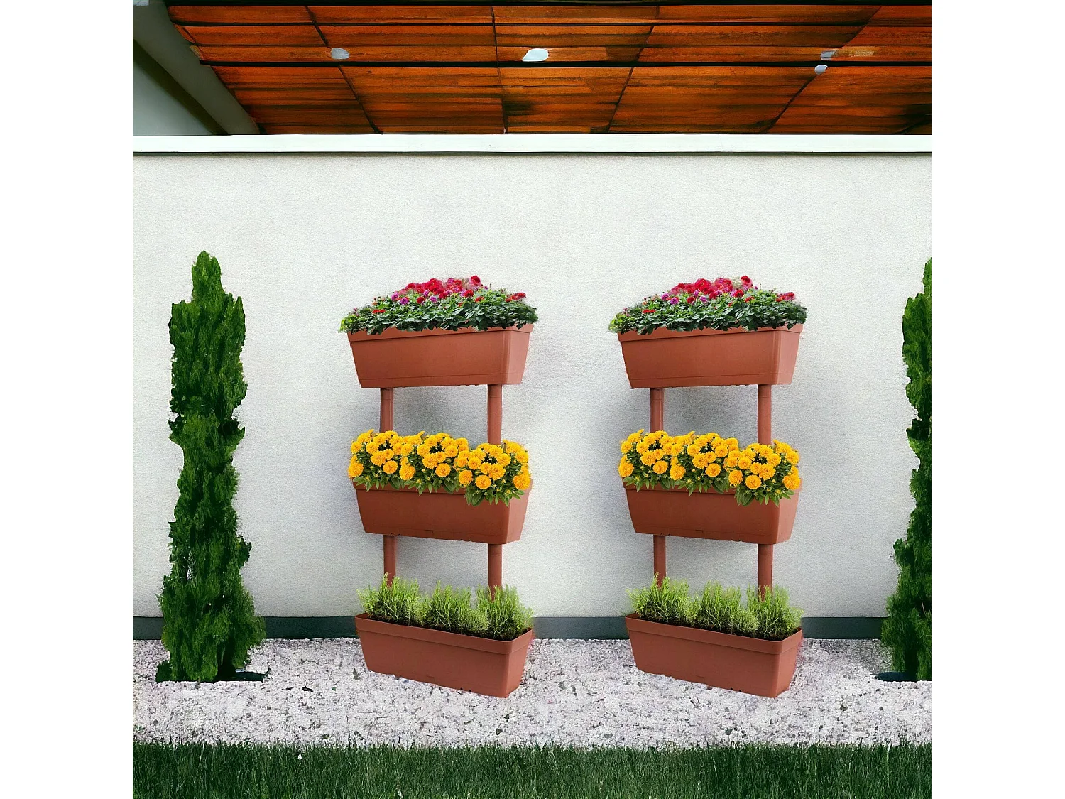 Set mit 3 Dantonacci-Vasen, Komposition für den heimischen Gemüsegarten, Blumenhalter-Set für drinnen oder drauÃŸen, 100 % Made in Italy, 49 x 16 x 100 cm, Braun
