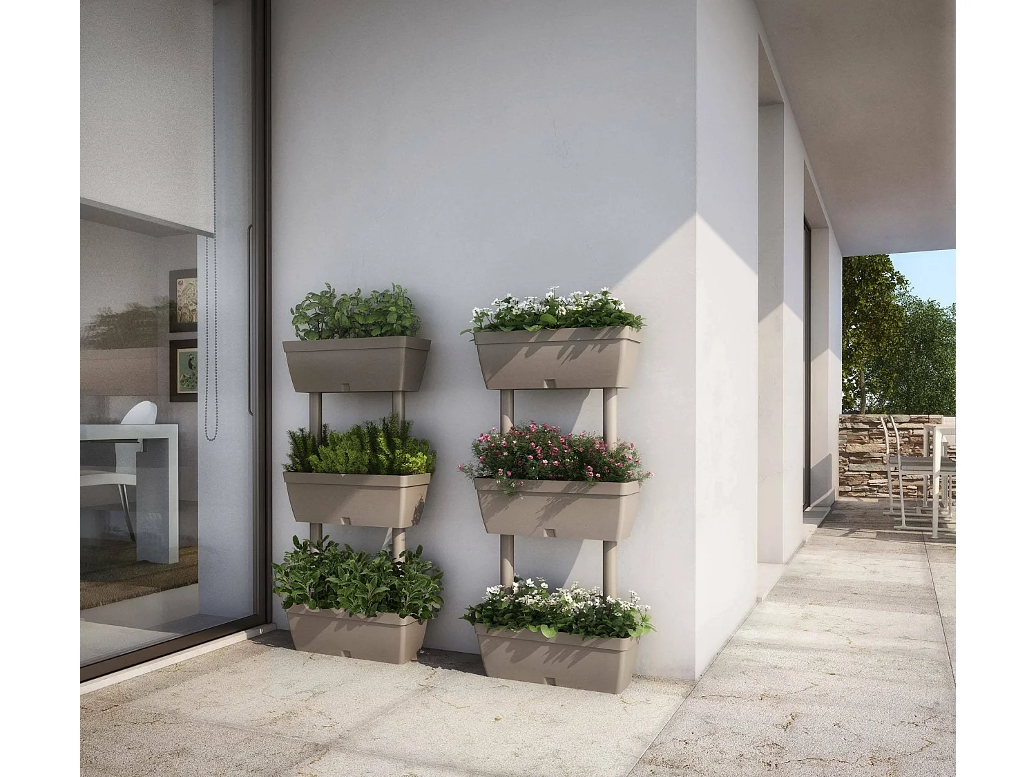 Set mit 3 Dantonacci-Vasen, Komposition für den heimischen Gemüsegarten, Blumenhalter-Set für drinnen oder drauÃŸen, 100 % Made in Italy, 49 x 16 x 100 cm, Taupe
