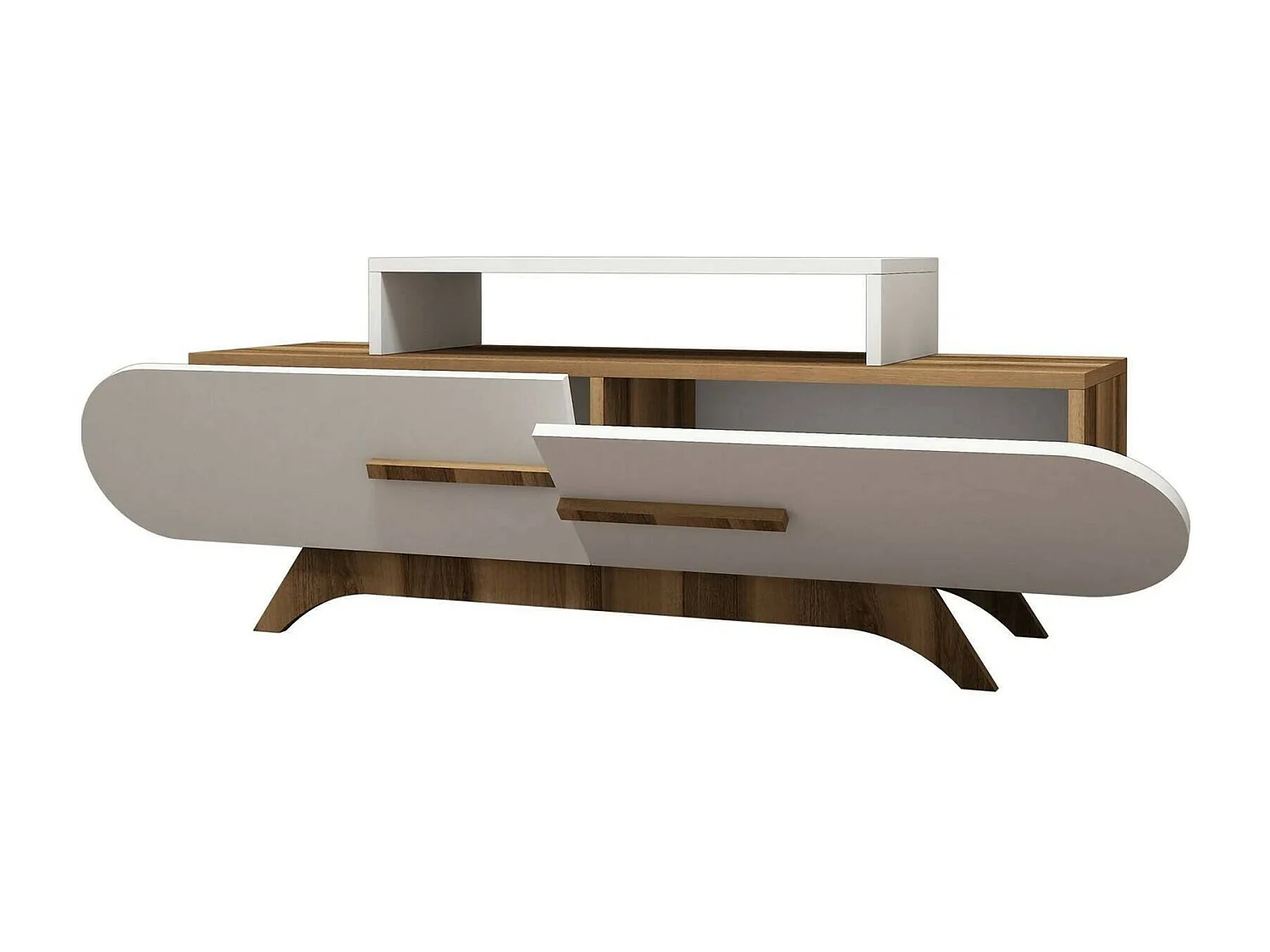 Meuble TV Dubh, Buffet de salon, Armoire basse pour TV, Base murale de rangement, 145x37h50 cm, Noyer et Blanc