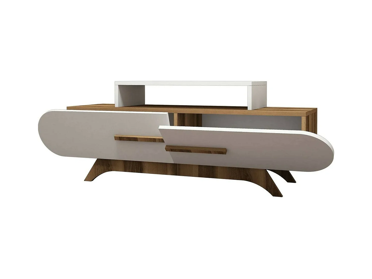 Meuble TV Dubh, Buffet de salon, Armoire basse pour TV, Base murale de rangement, 145x37h50 cm, Noyer et Blanc
