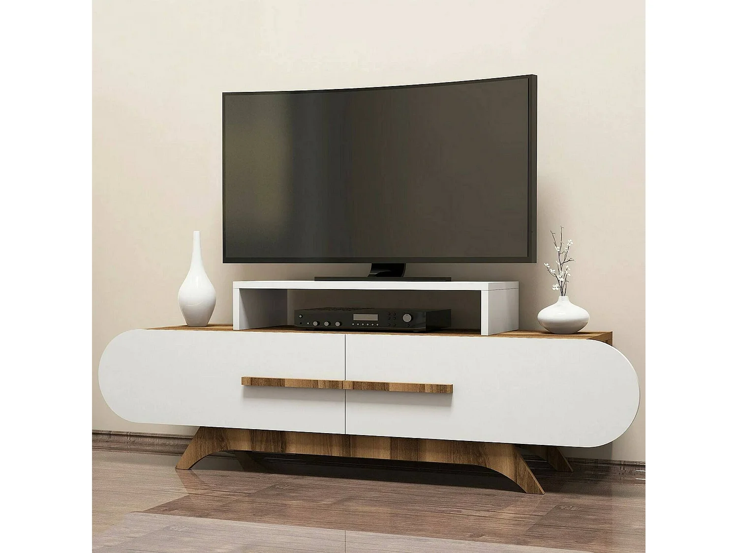 Meuble TV Dubh, Buffet de salon, Armoire basse pour TV, Base murale de rangement, 145x37h50 cm, Noyer et Blanc