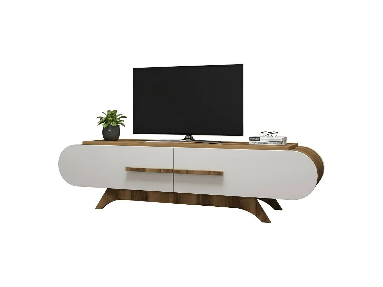 Meuble TV Dubh, Buffet de salon, Armoire basse pour TV, Base murale de rangement, 145x37h50 cm, Noyer et Blanc